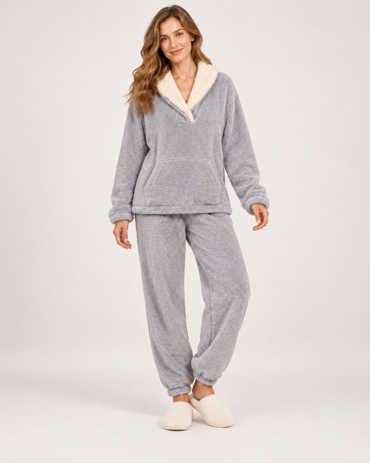 Women’s Fleece Pyjamas with Contrast Collar in Grey, full body view