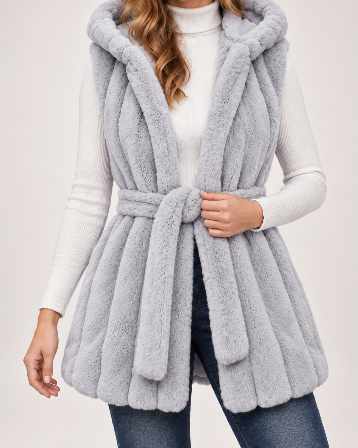 Women's Hooded Gilet with Faux Fur Finish and Belt product view