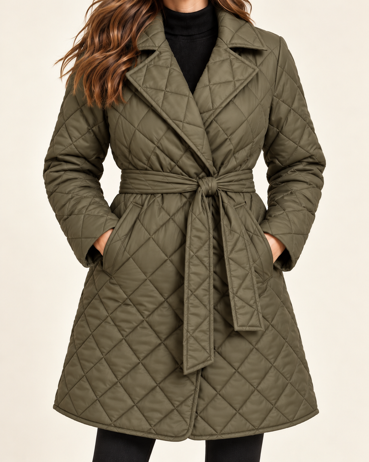 Women's khaki quilted belted lapel coat close variant view
