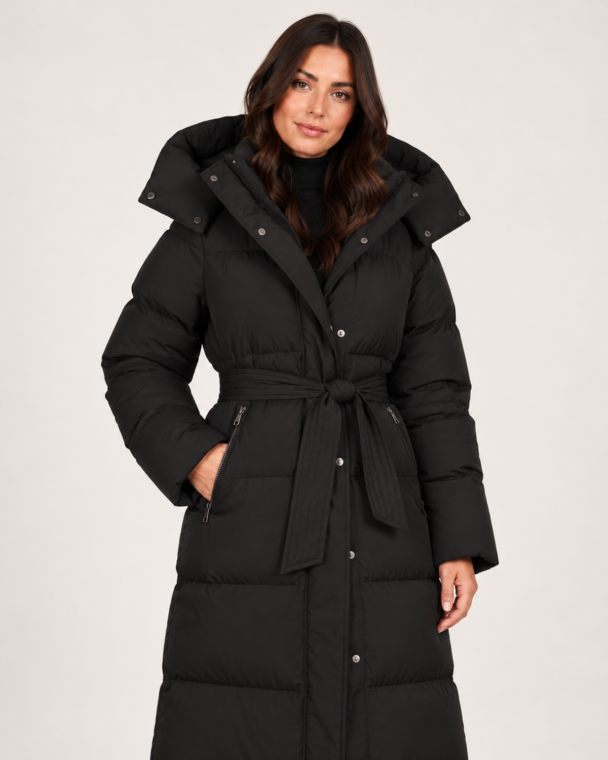 Women's black long puffer coat hood belt and pocket detail
