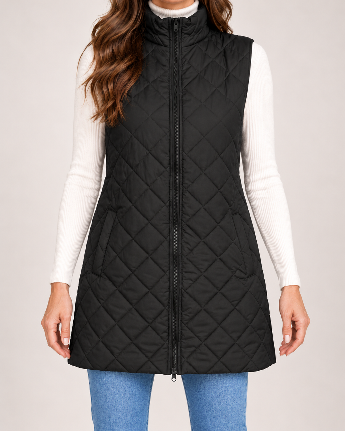 Women's black long quilted gilet diamond quilting detail