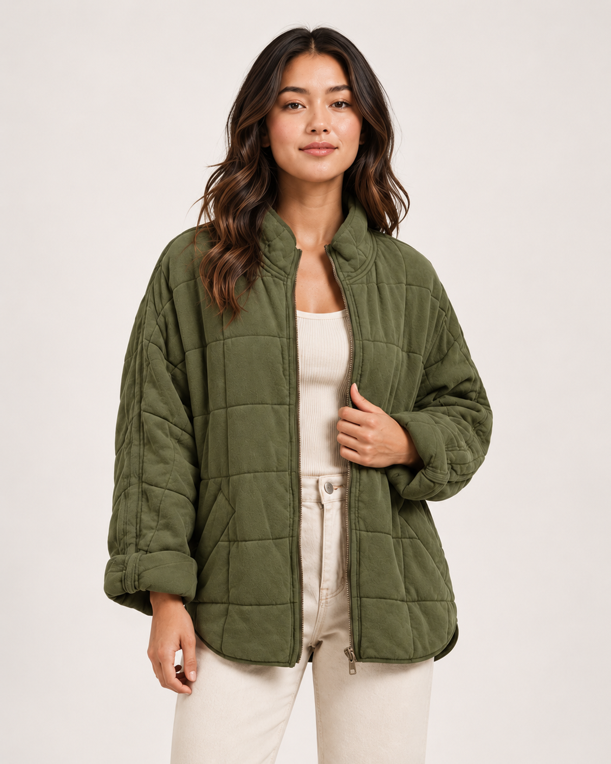 Women's green quilted zip up jacket collar and quilting detail