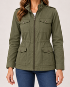 Women's olive utility jacket pocket and waist detail