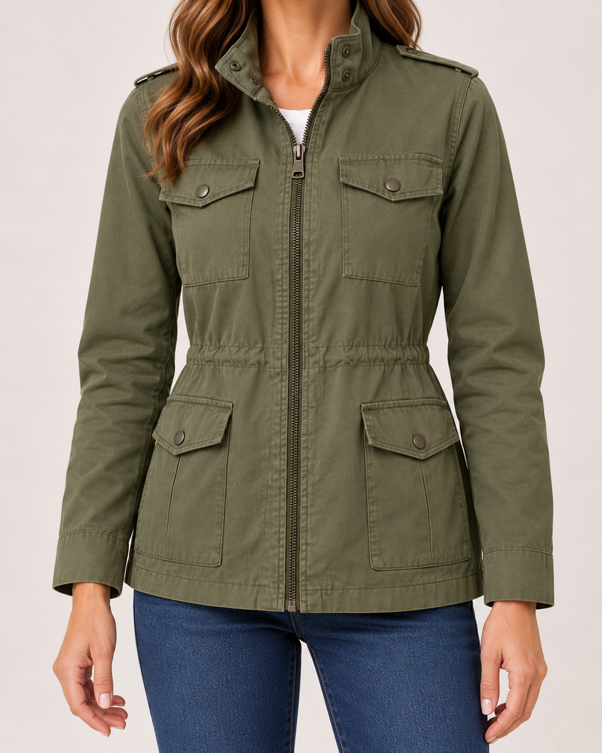 Women's olive utility jacket pocket and waist detail