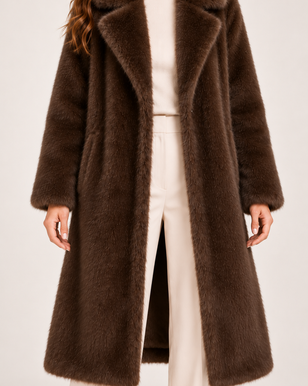 Women's brown long faux fur coat collar and texture detail