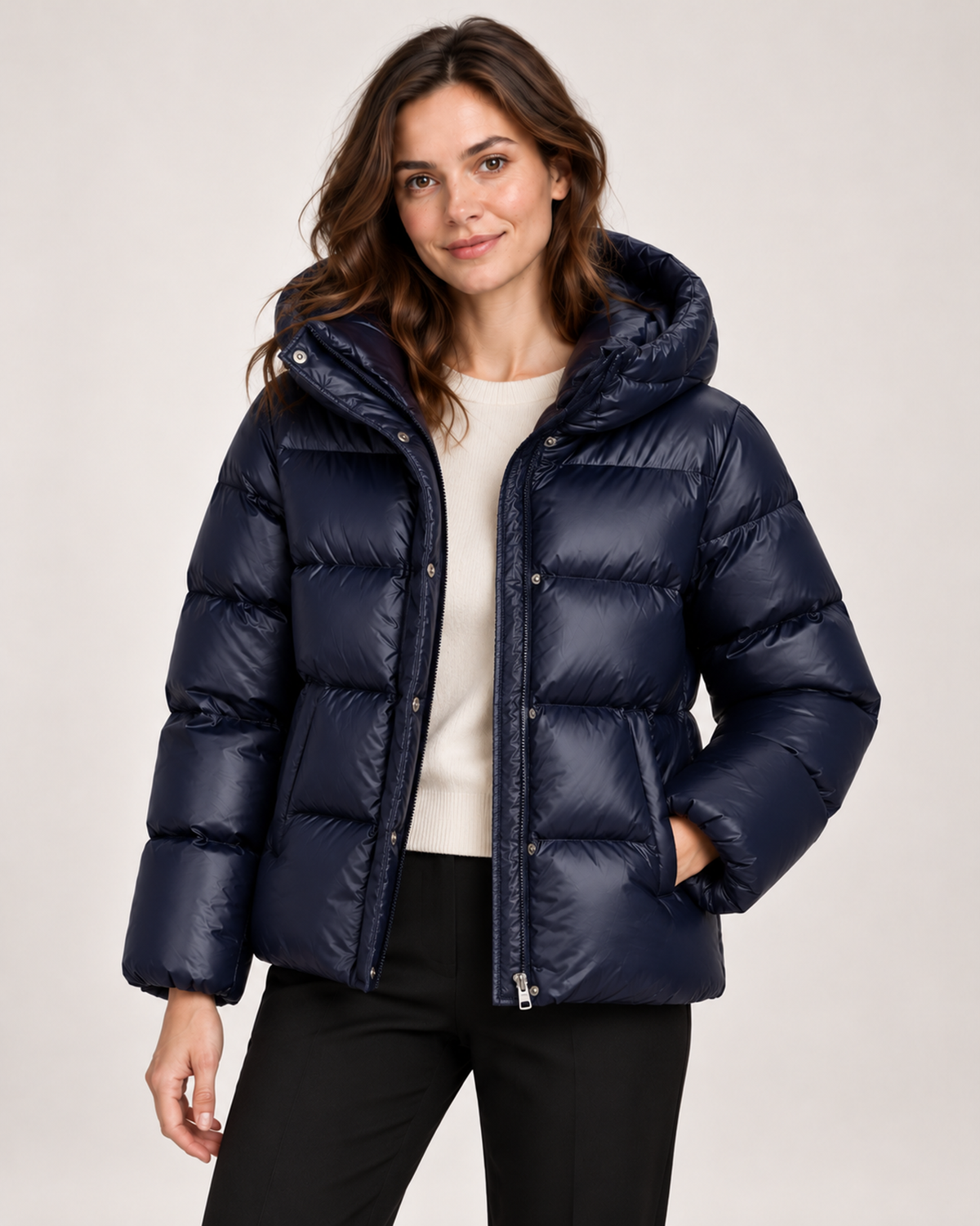 Women's blue hooded puffer jacket hood and pocket detail