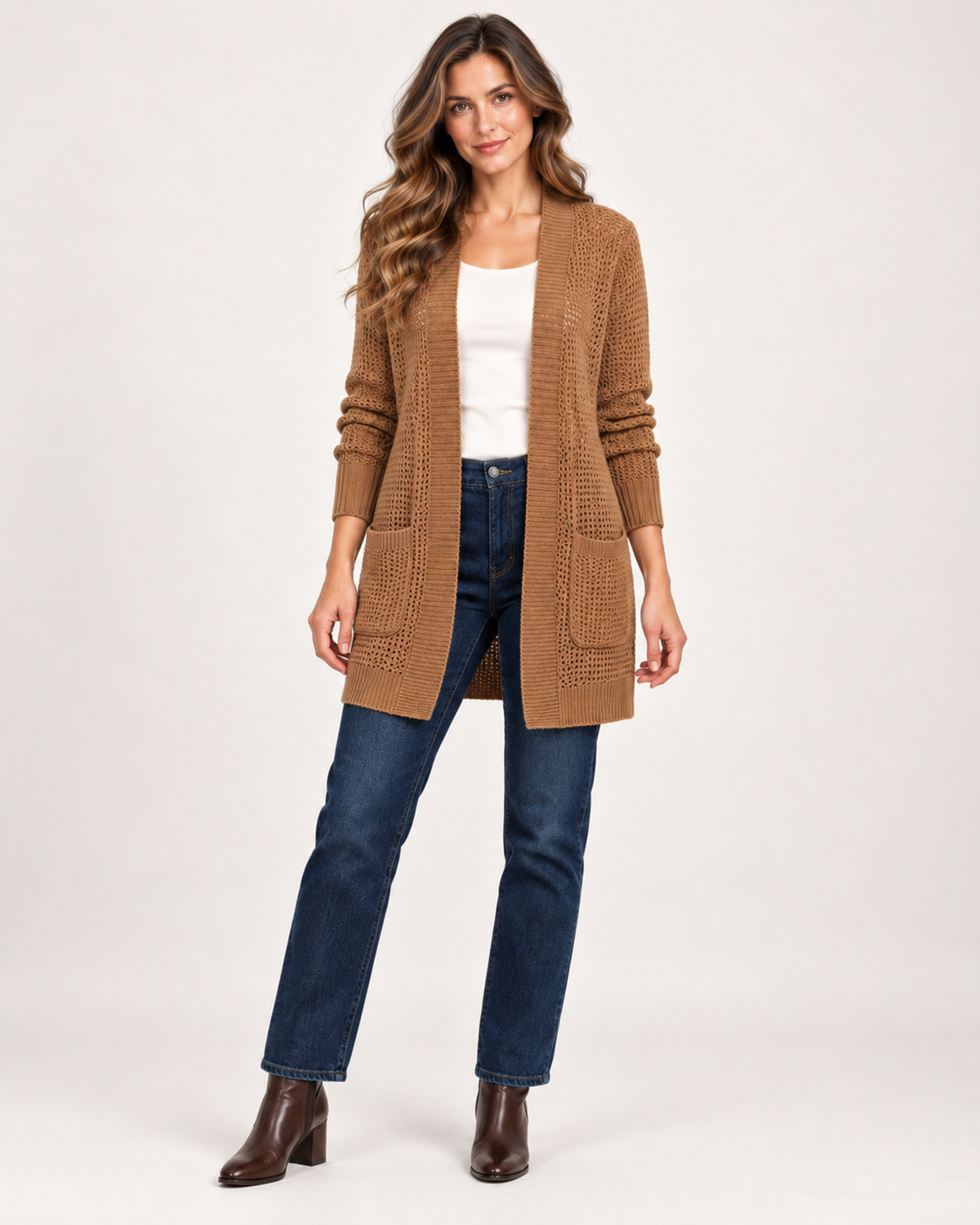 Women's brown open front coatigan full length styling view