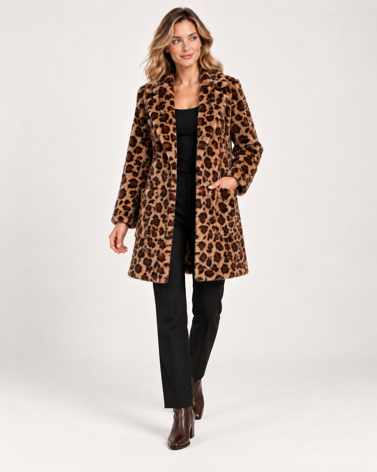 Women's brown leopard print coat styled with black trousers