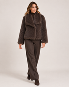 Women's brown cropped faux fur jacket full length styling view