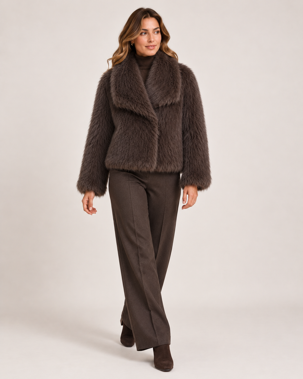Women's brown cropped faux fur jacket full length styling view
