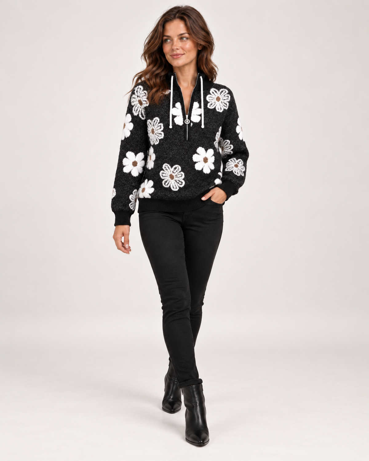 Women’s black half-zip floral jumper – full outfit view