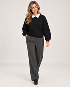 Women's black collared jumper full length styling view