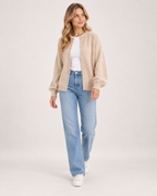 Women’s beige balloon sleeve cardigan – full outfit view