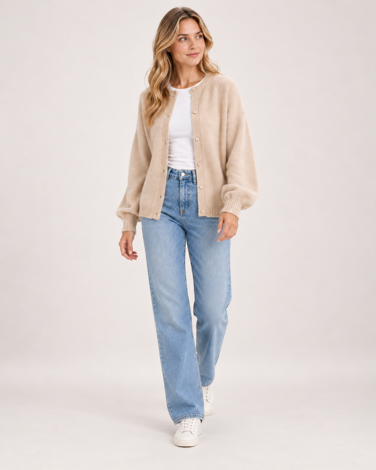 Women’s beige balloon sleeve cardigan – full outfit view