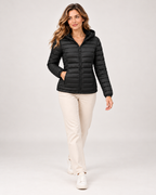 Women's black quilted hooded jacket full length styling view