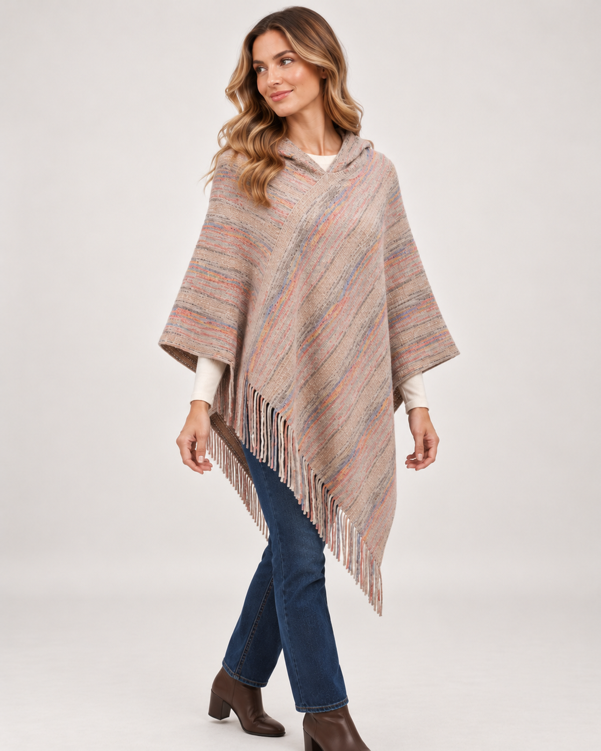 Women's striped hooded poncho full length styling view