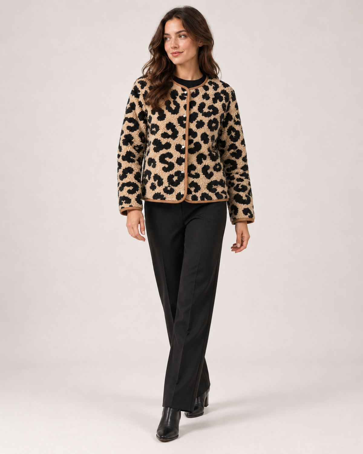 Women’s leopard print jacket full length styling view