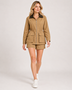 Women's tan barn jacket full length styling view