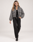 Women's checked cropped jacket full length styling view