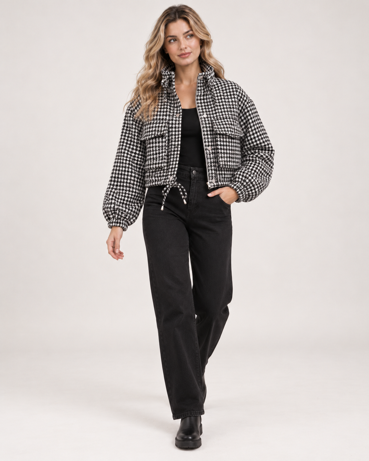 Women's checked cropped jacket full length styling view
