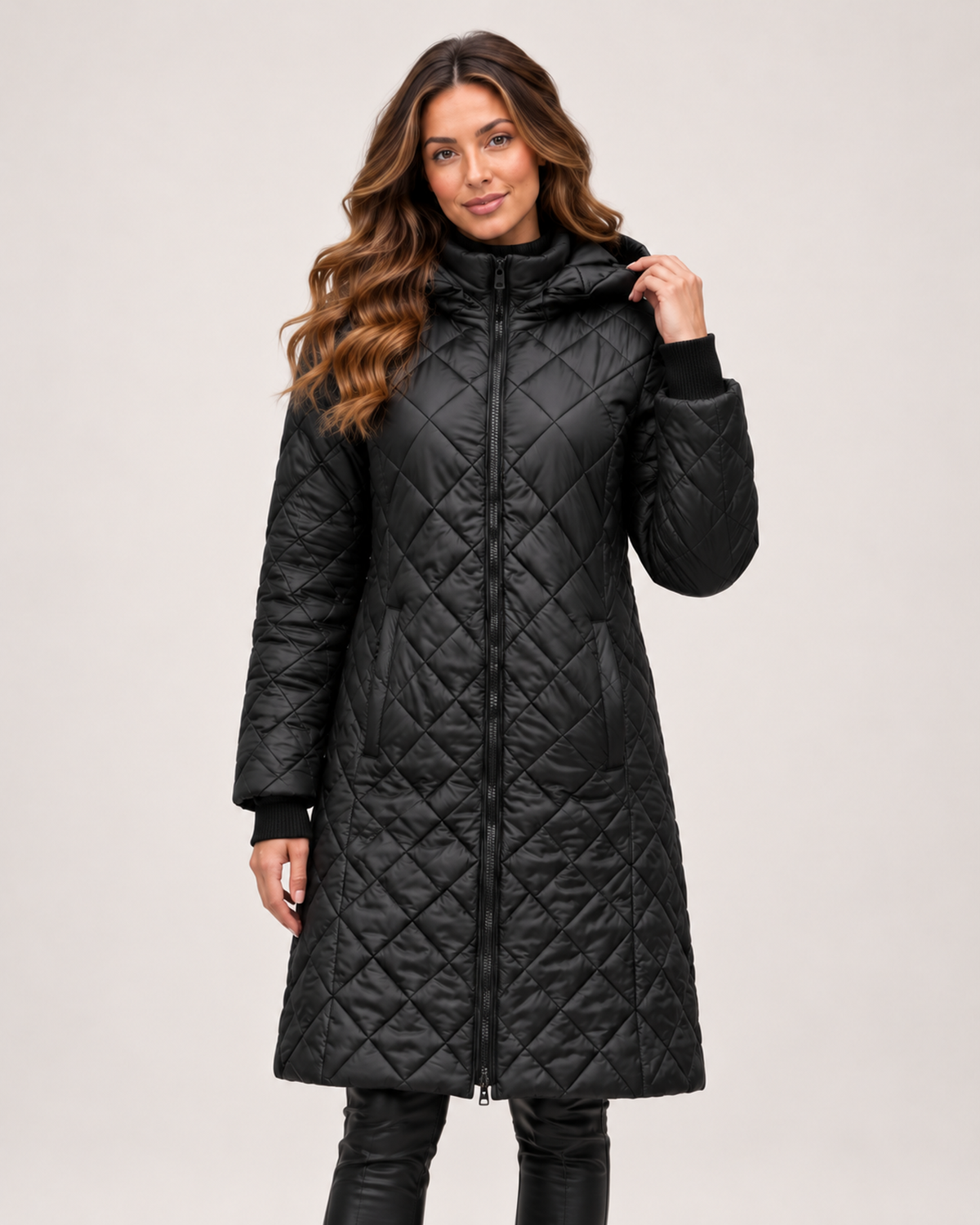 Women's Long Quilted Coat with Diamond Stitching product view