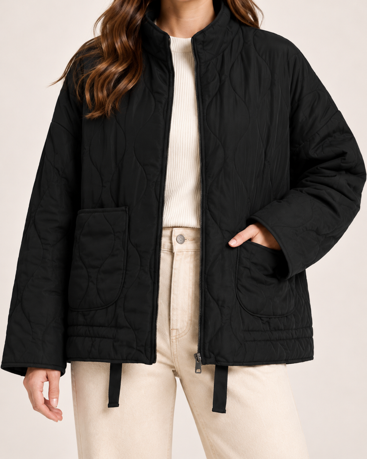 Women's Black Quilted Jacket – Lightweight Zip-Up Style product view
