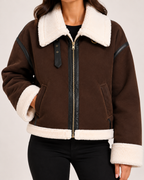 Women's Brown Suede Aviator Jacket – Faux Fur Collar Cropped Jacket product view