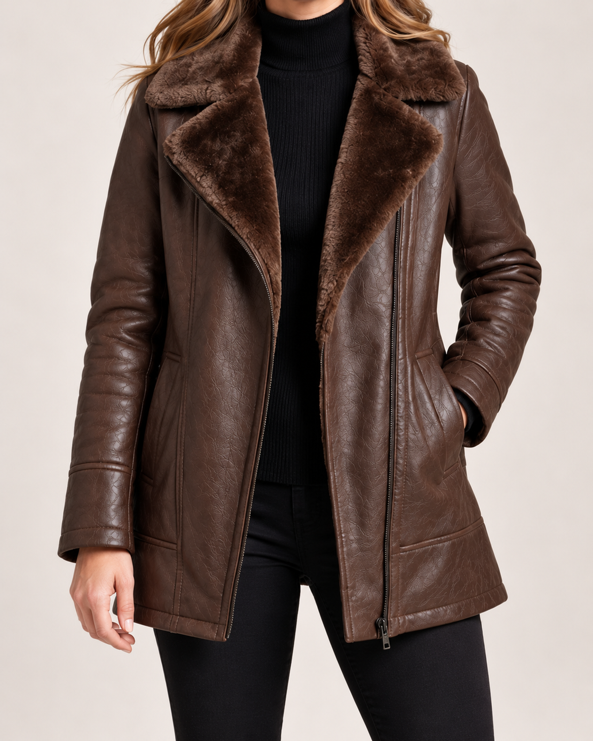 Women's Faux Leather Jacket with Faux Fur Collar product view