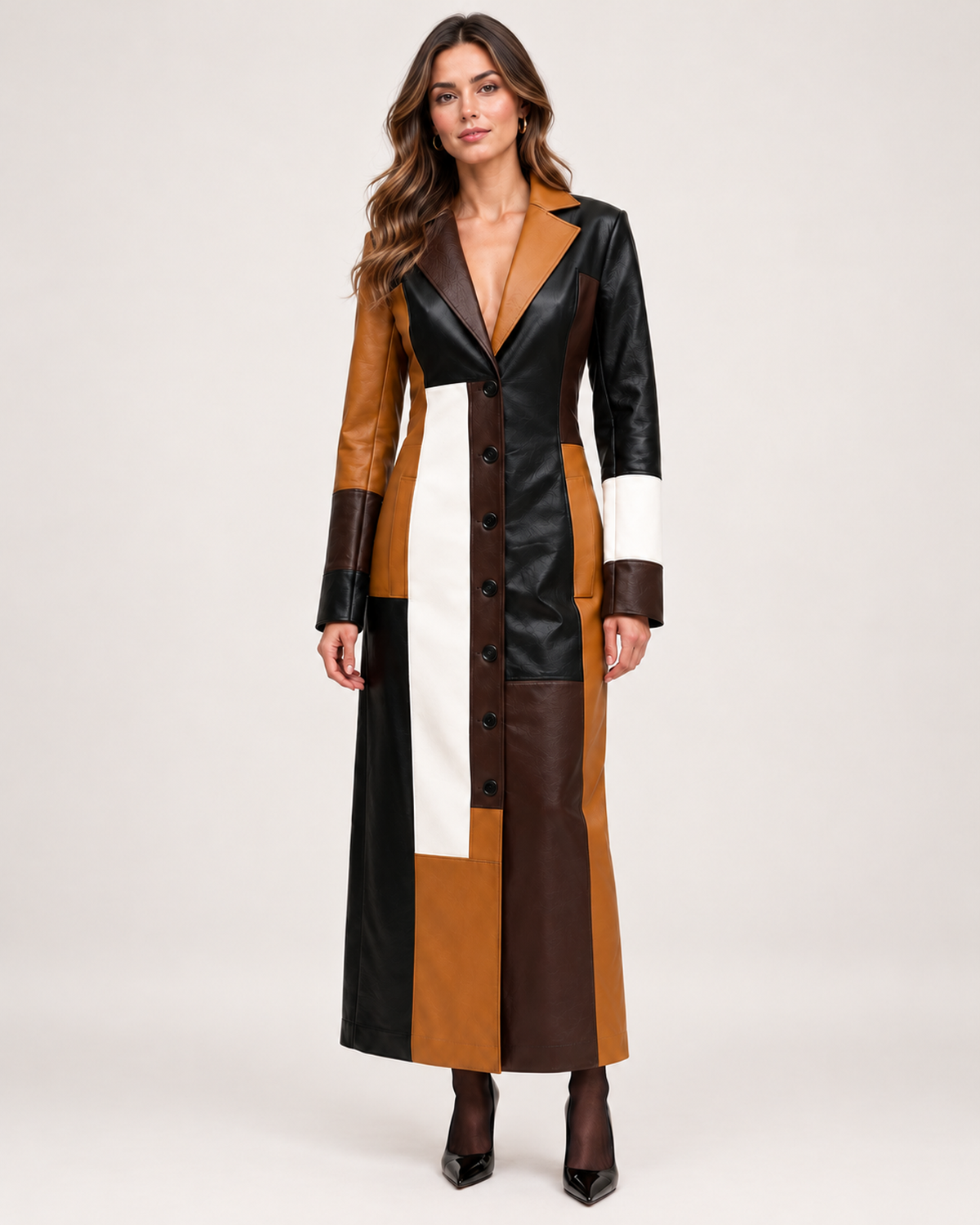 Women's Long Trench Coat with Patchwork Colour Block Design product view