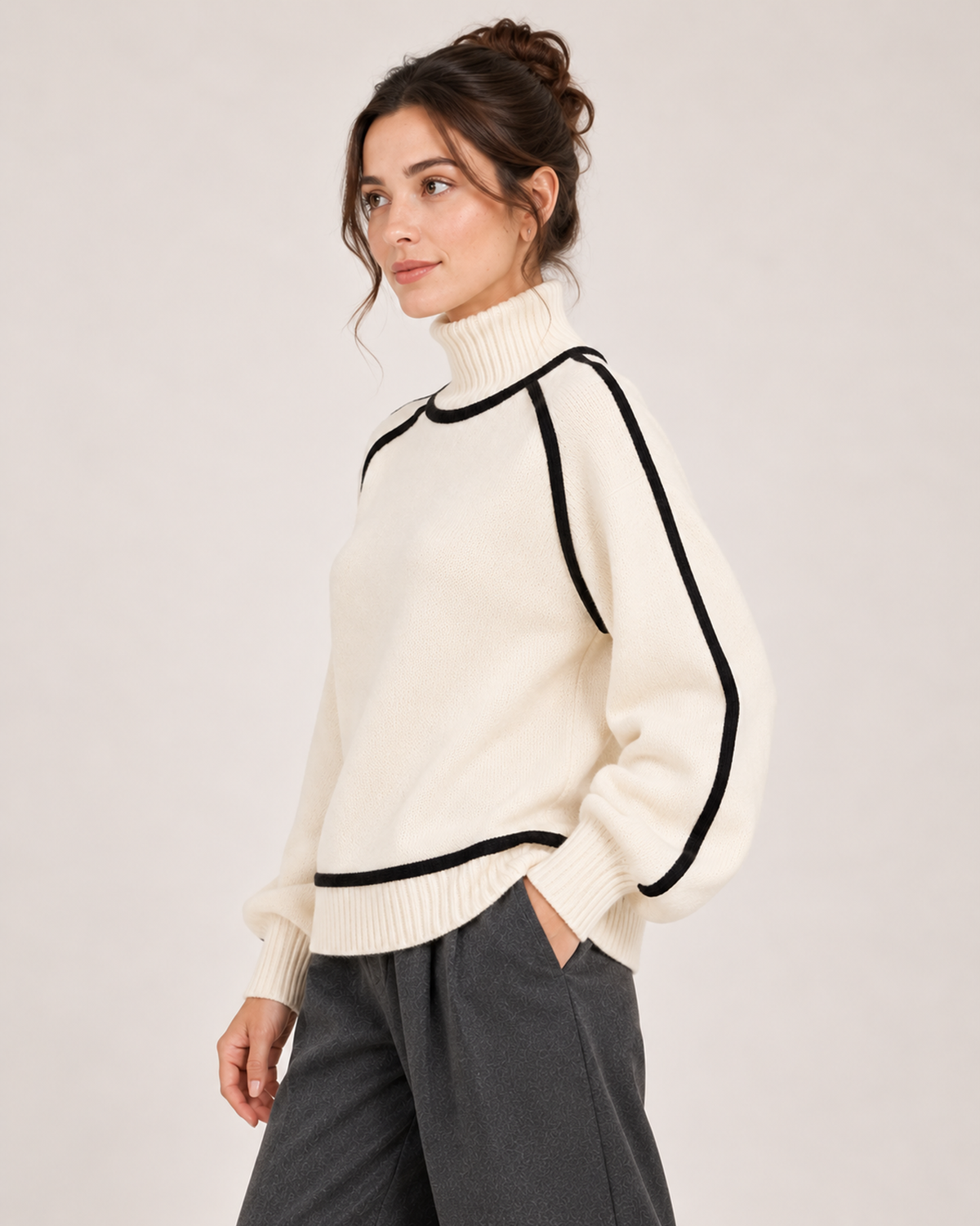 Women's white contrast trim turtleneck jumper side view