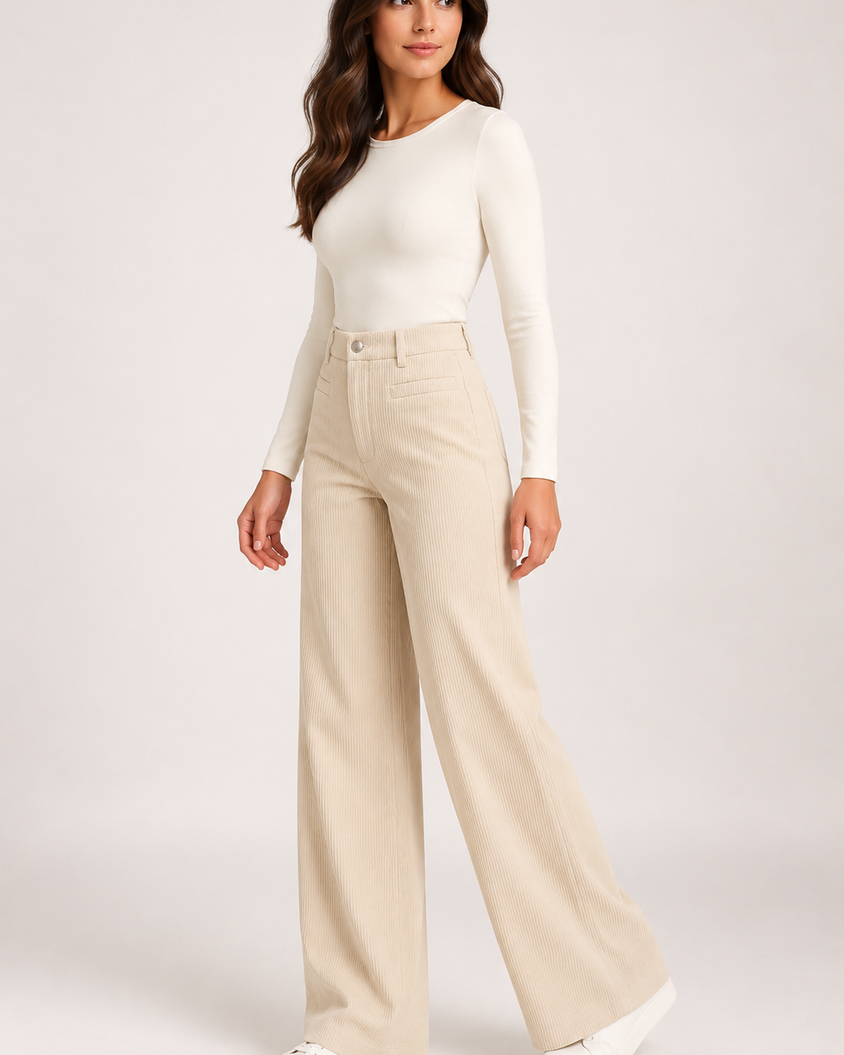 Women's light beige corduroy wide leg trousers side view