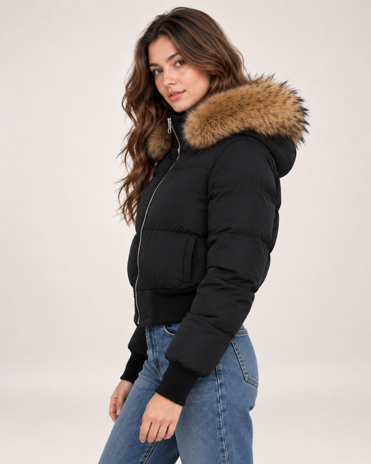 Women's black cropped puffer jacket side view