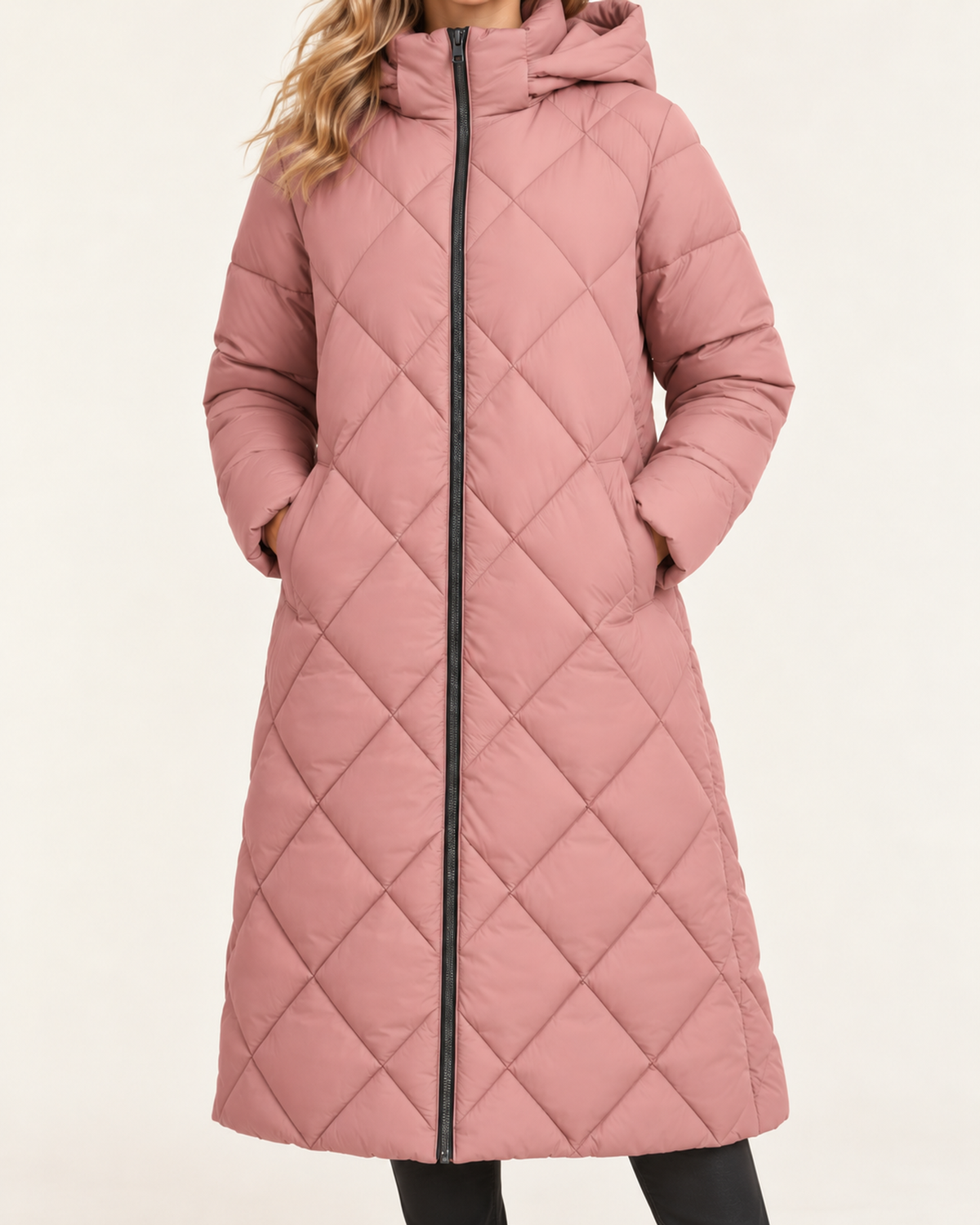 Women's pink long diamond quilted puffer jacket product detail view