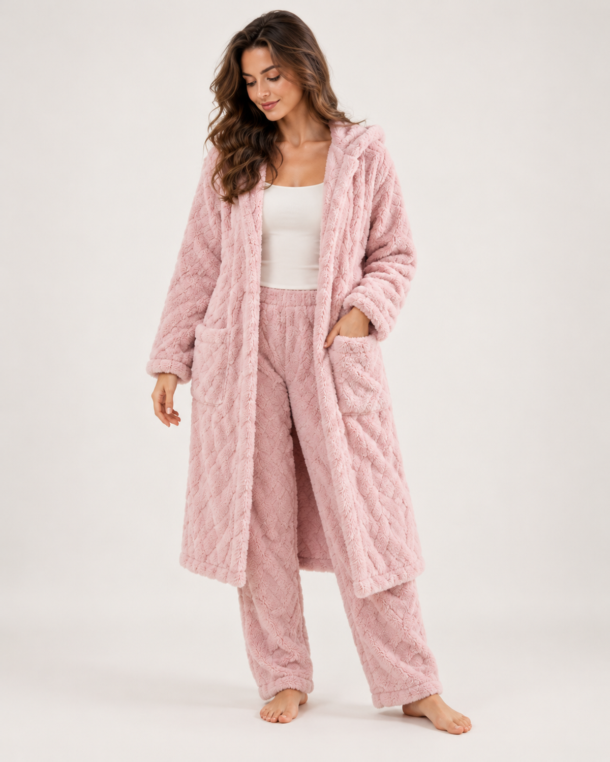 Women’s Pyjama Set with Long Hooded Robe and Trousers in Pink, full body view