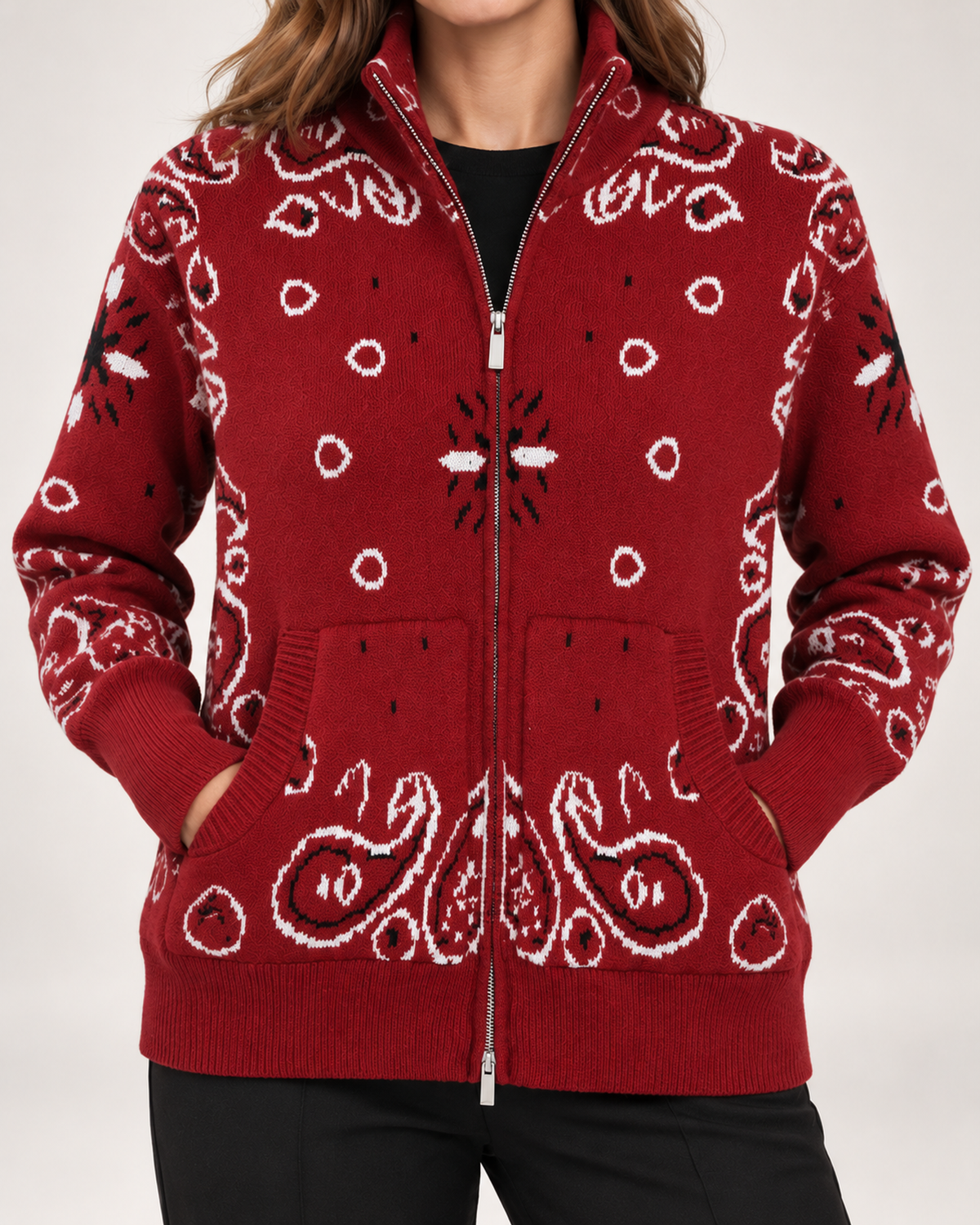 Women's Knitted Cardigan with Zip Front and High Neck product view