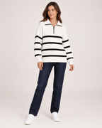 Women’s Striped Jumper with Half Zip Collar in White, full body view