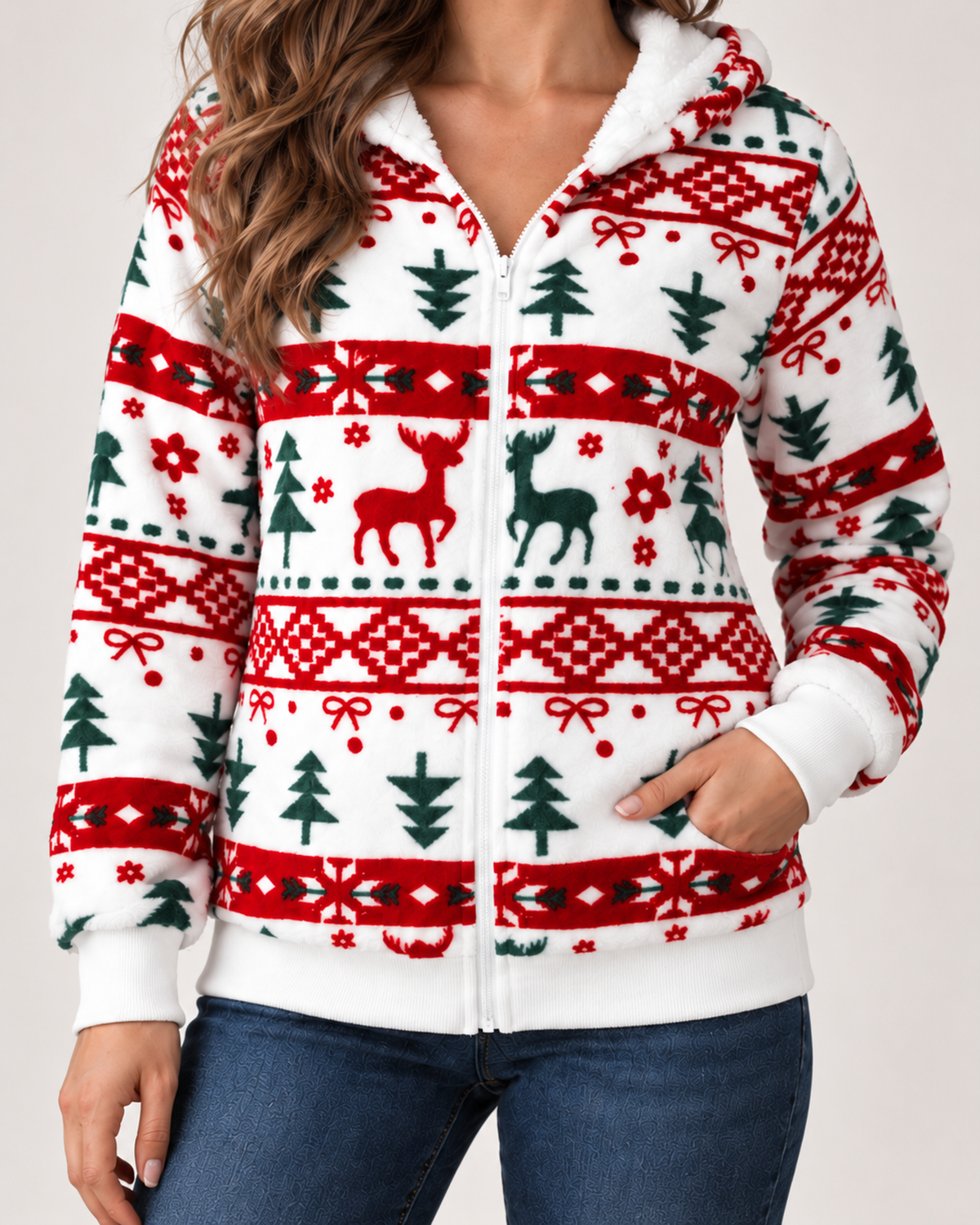 Women's Christmas Cardigan with Hood and Zip Front product view