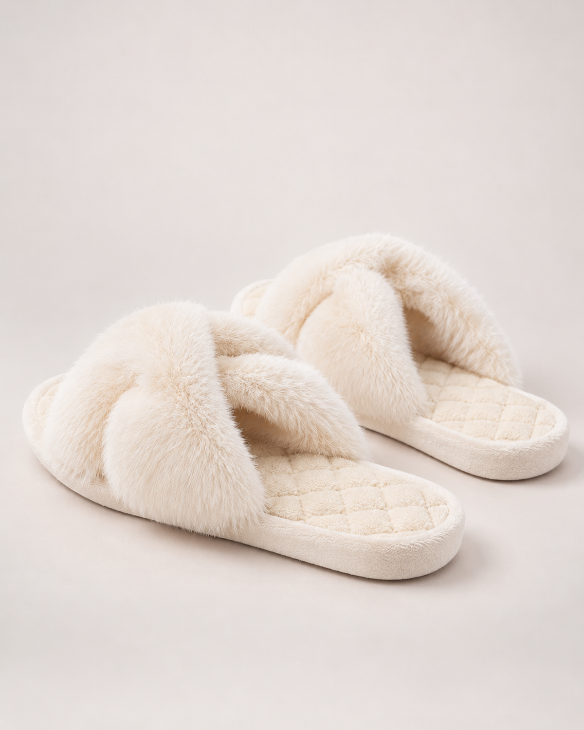 Women’s Fluffy Slippers with Cross Straps and Open Toe in White, product only view