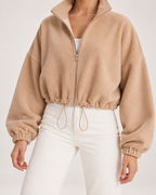 Women’s beige fleece jacket funnel neck and drawstring detail