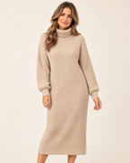 Women’s Jumper Dress with Roll Neck and Ribbed Finish in Beige, full body view