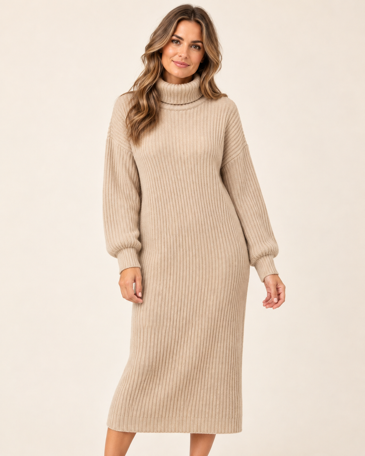 Women’s Jumper Dress with Roll Neck and Ribbed Finish in Beige, full body view