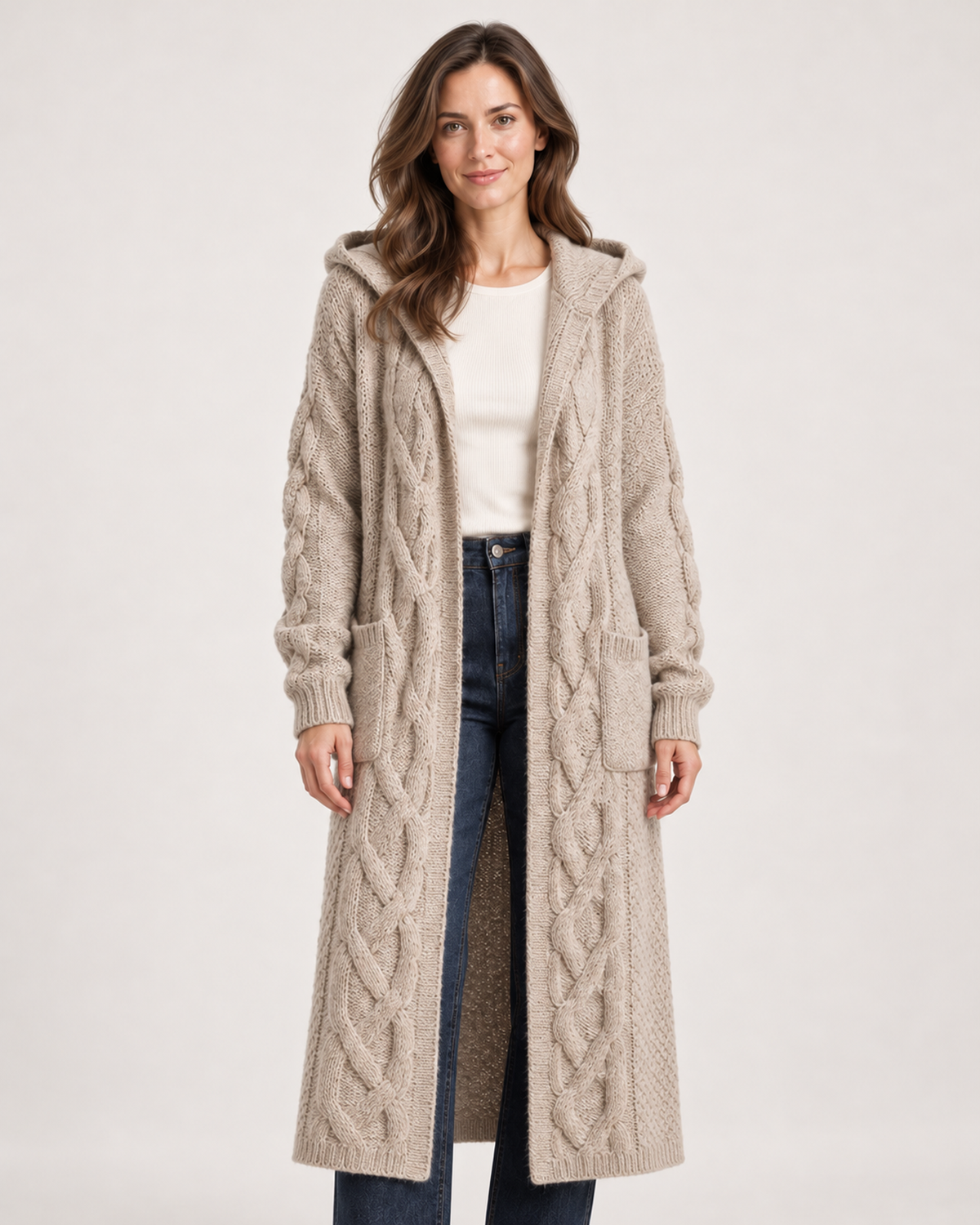 Women’s Long Cardigan with Hood and Cable Detail in Beige, upper body product focus view