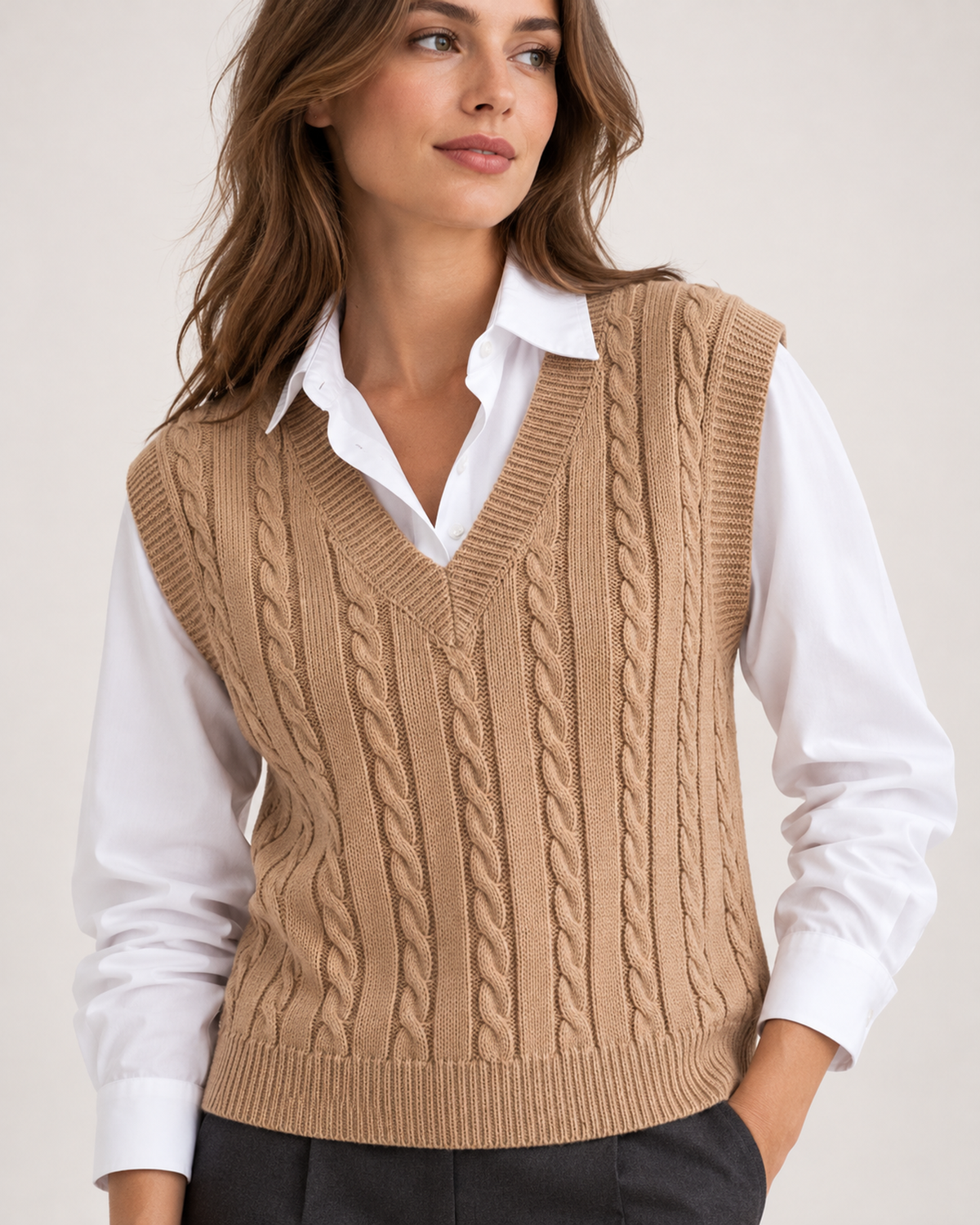 Women's beige cable knit sweater vest close variant view