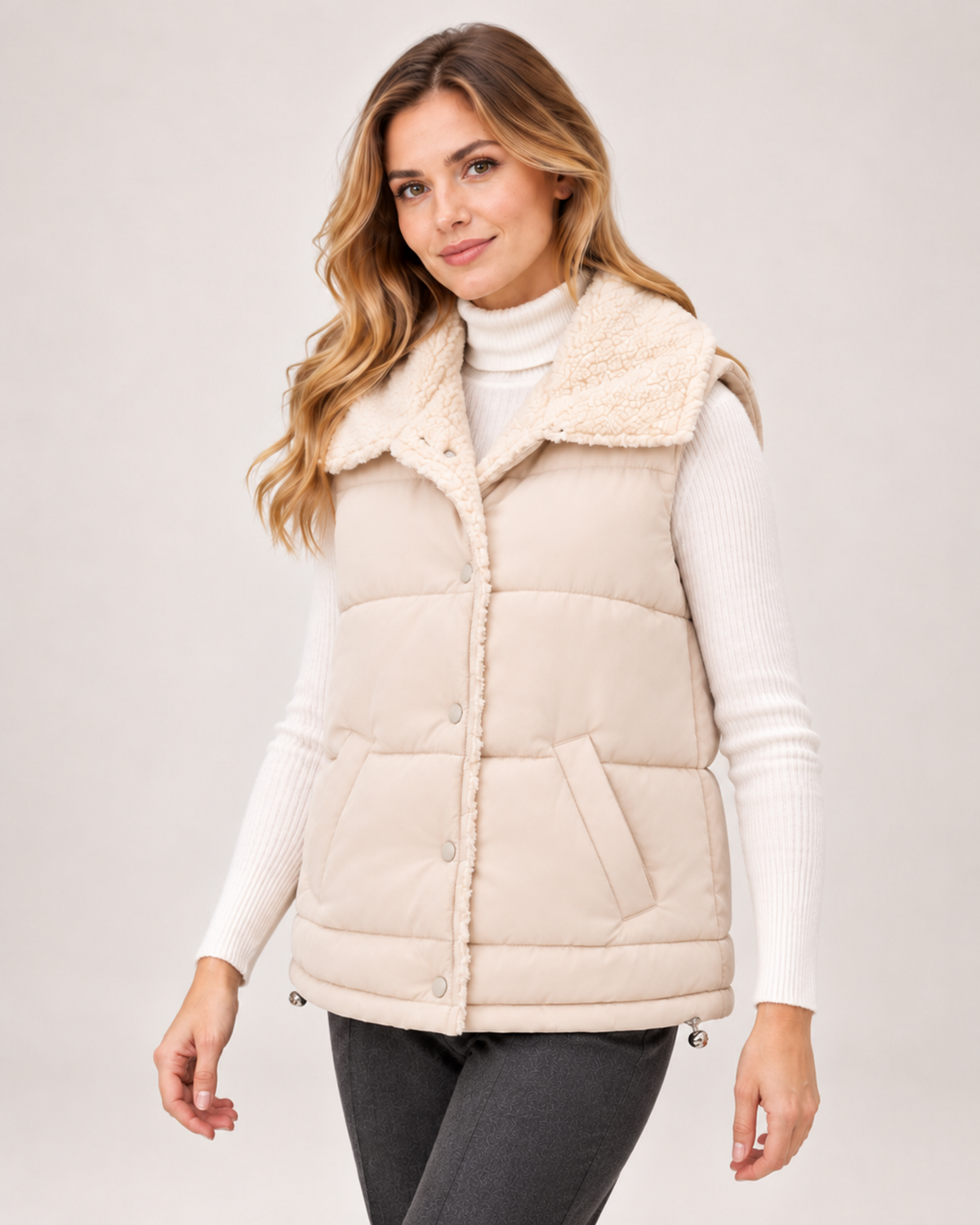 Women's Padded Gilet with Faux Fur Collar beige close variant view