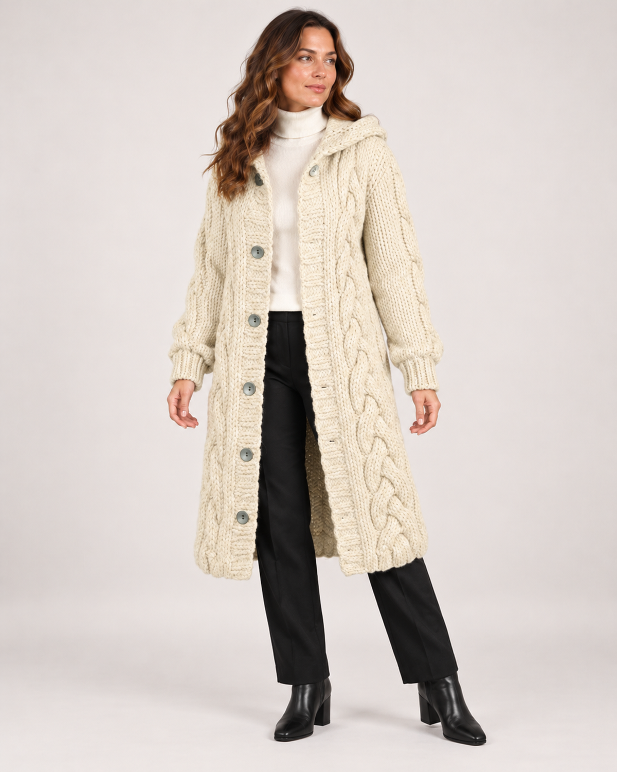 Women's Longline Cardigan with Cable Knit and Hood beige close variant view