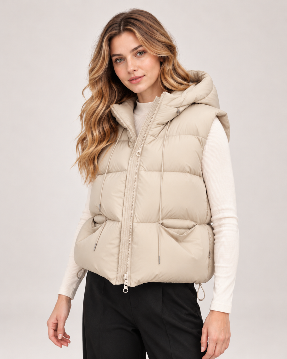 Women's Hooded Gilet with Padded Design and Drawstring Hem beige close variant view