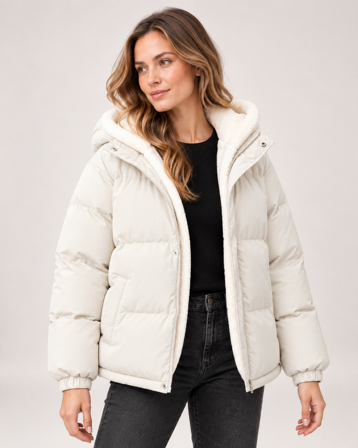 Women's Hooded Puffer Jacket with Teddy Fleece Lining beige close variant view