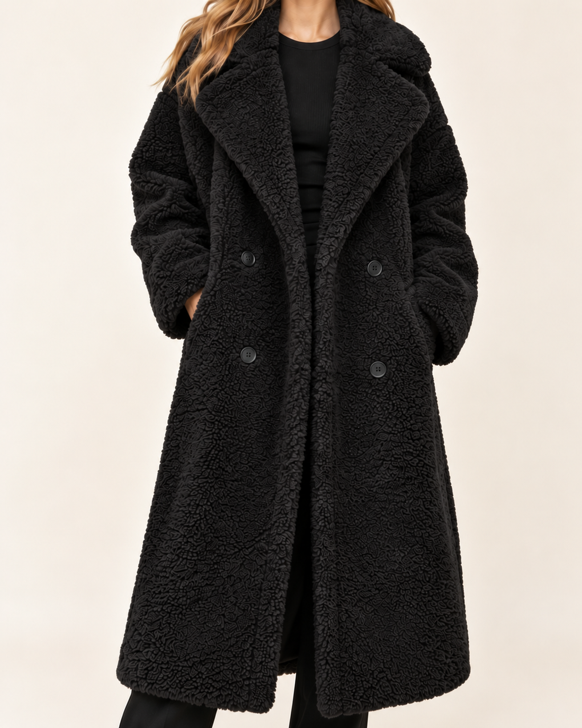 Women's black long teddy coat close variant view