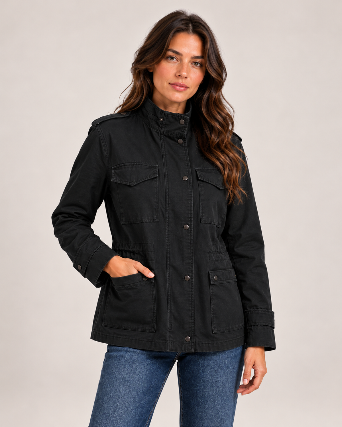 Women's black utility jacket close variant view