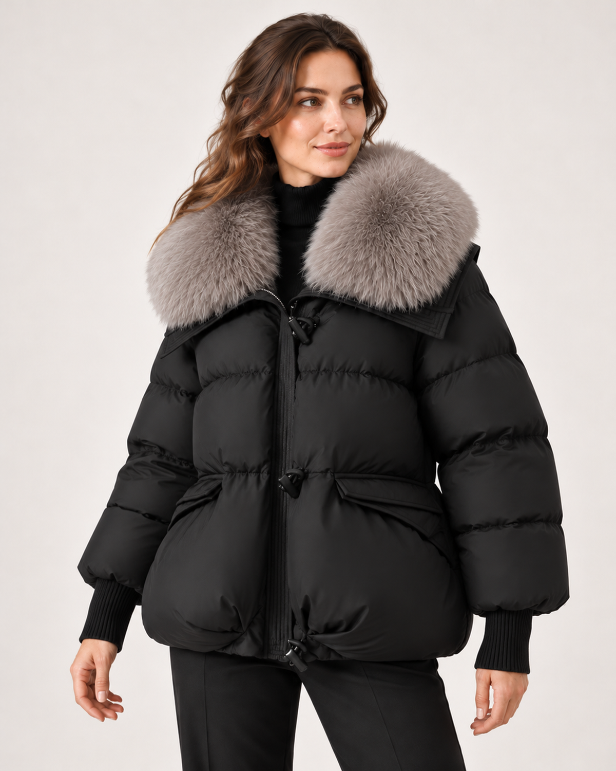 Women's Puffer Jacket with Faux Fur Collar and Drawstring Waist black close variant view